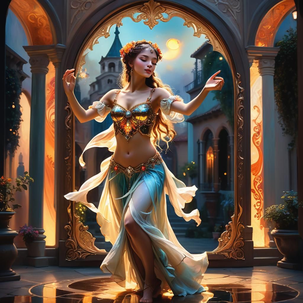 Goddess Dancer in Baroque Fantasy Courtyard