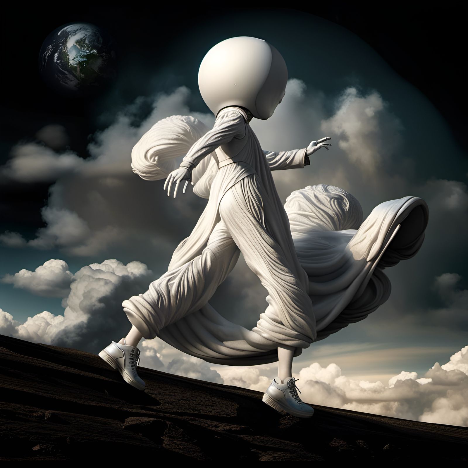 Towering Mourner Walks the Arch in Surreal Landscape