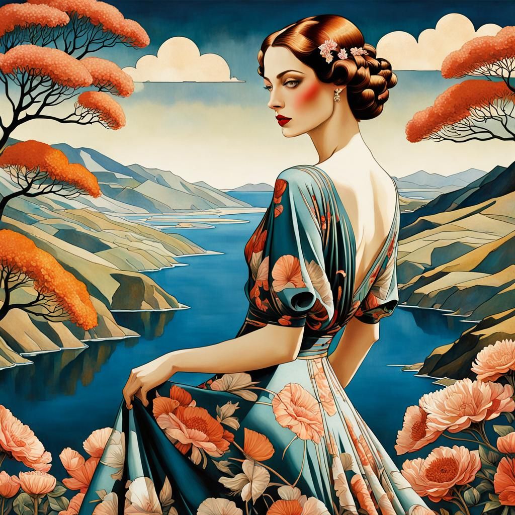 Sensual Woman in Floral Dress, Art Deco Portrait