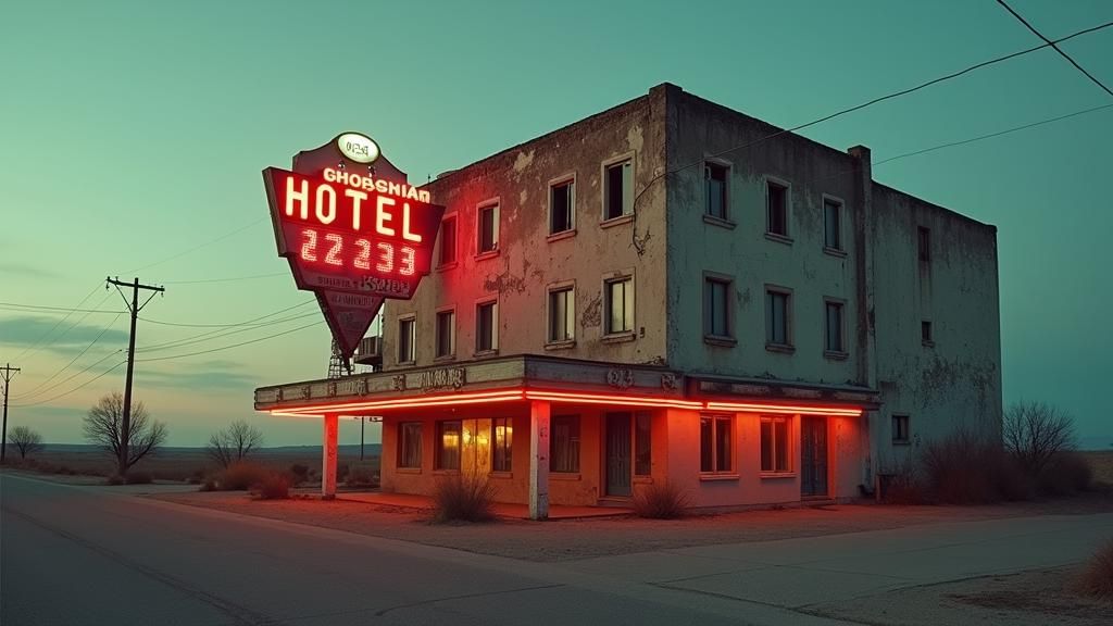 Dilapidated Neon Hotel: Gritty Cinematic Film Still