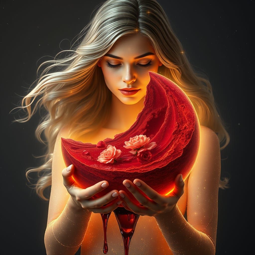 Enchanting Woman Cradles Glowing Halved Mars in Ethereal Lig...