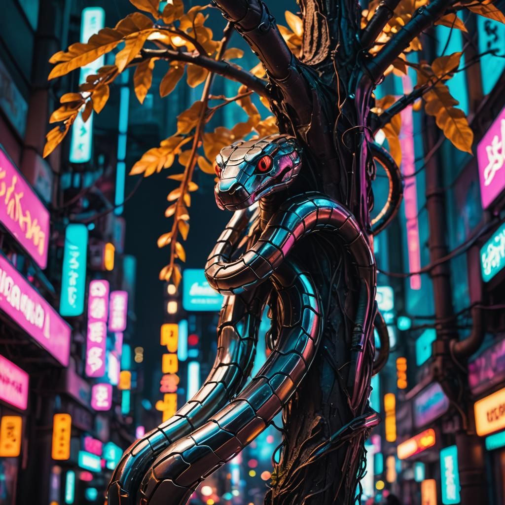 Cyberpunk Robotic Snake in Neon City