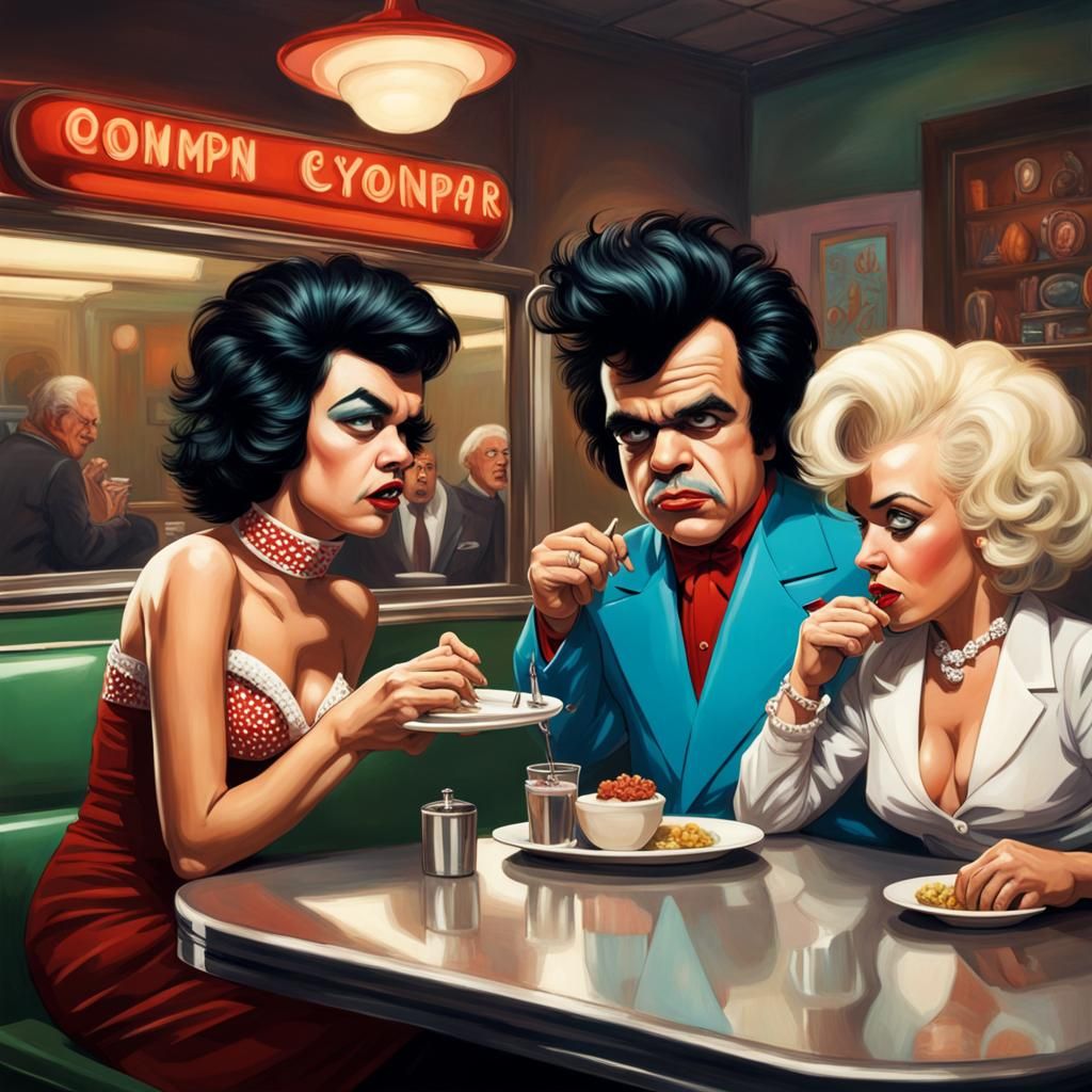 Peter Dinklage and Oompa Loompa and Elvis and Marylyn Monroe eating at a diner