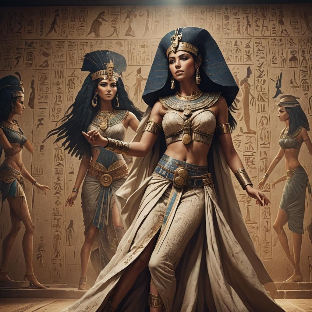 Queen Cleopatra Dances Before Hieroglyphs: Digital Matte Pai...