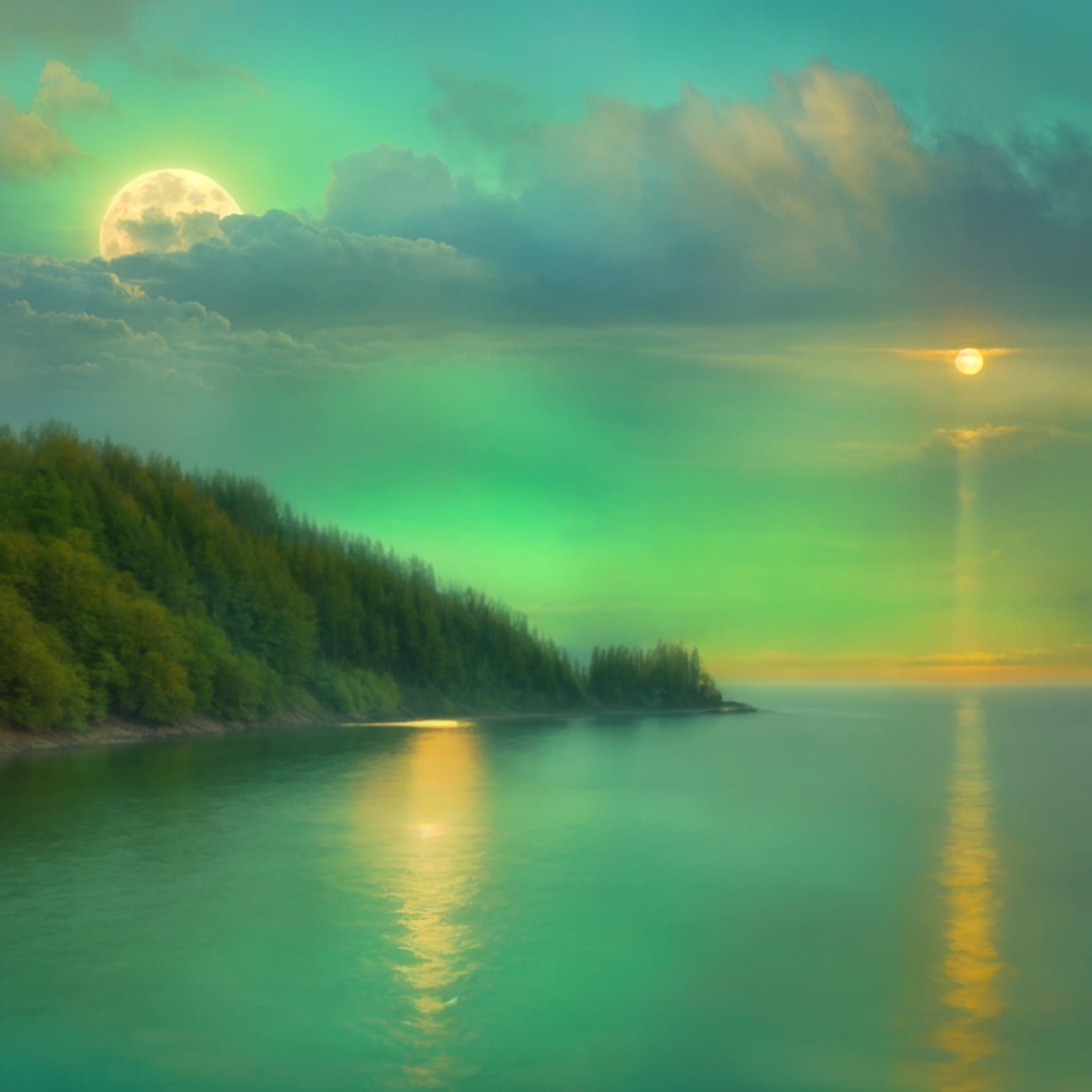 Golden Moon and Green Sea in Impressionist Style