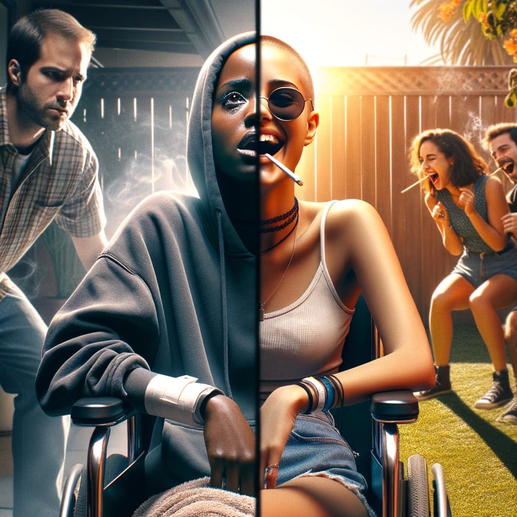 Dramatic Split-Screen: Woman's Contrasting Realities