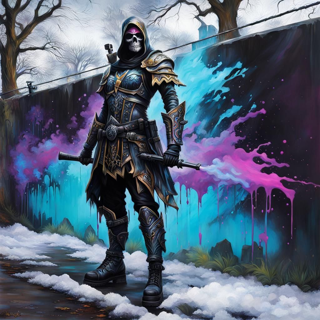 Warrior in Enchanted Cemetery in Graffiti Art Style