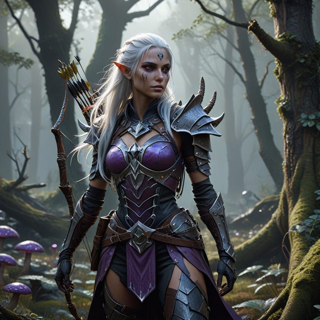 Ethereal Dark Elf Ranger in a Mystical Forest