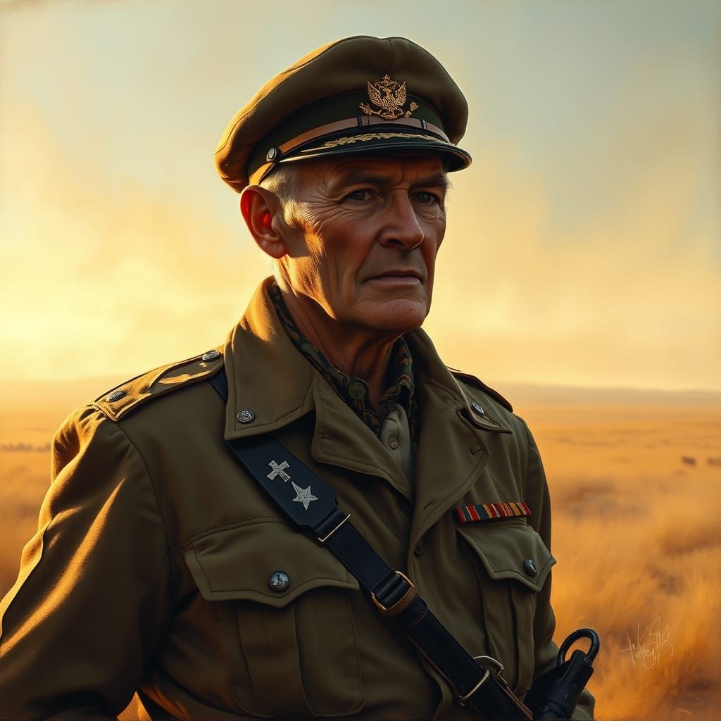 Weathered Soldier in Golden Hour Light Oil Painting