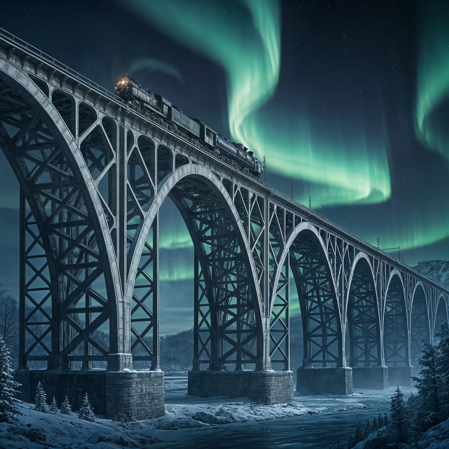 Majestic Winter Bridge with Aurora Borealis and Train