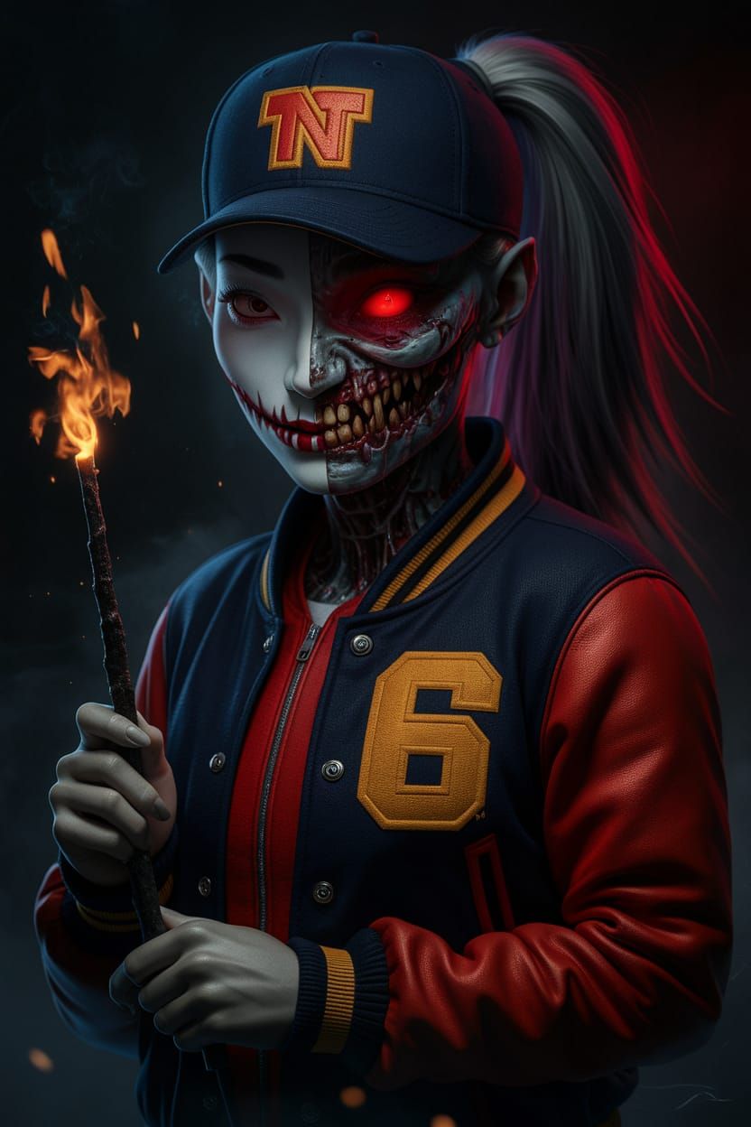 Surreal Beauty with Dark Twist in American Football Jacket