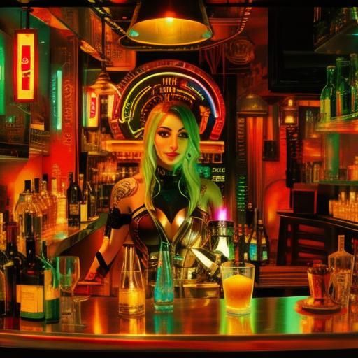 Photorealistic Cyborg Bartender in Psychedelic Style