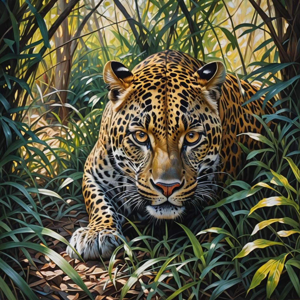 Leopard in Undergrowth: Hyperrealistic Oil Painting