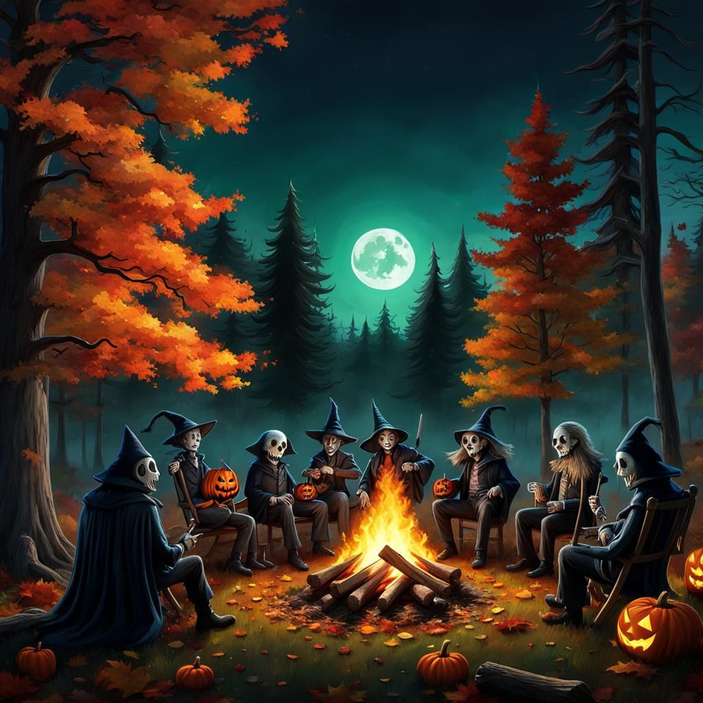 Halloween Creatures Bonfire in Autumn Forest: Sinister Art