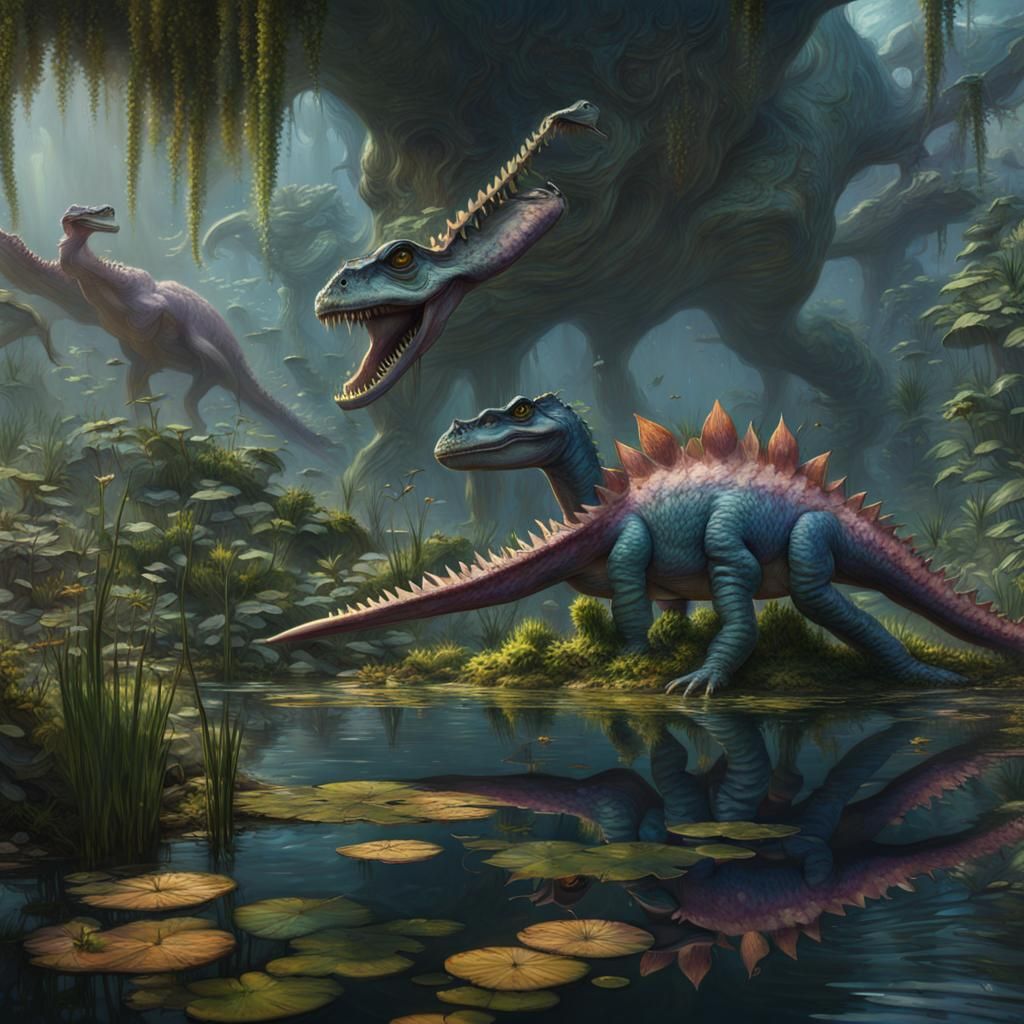 Dinosaurs Devouring Water Lilies: A Matte Painting