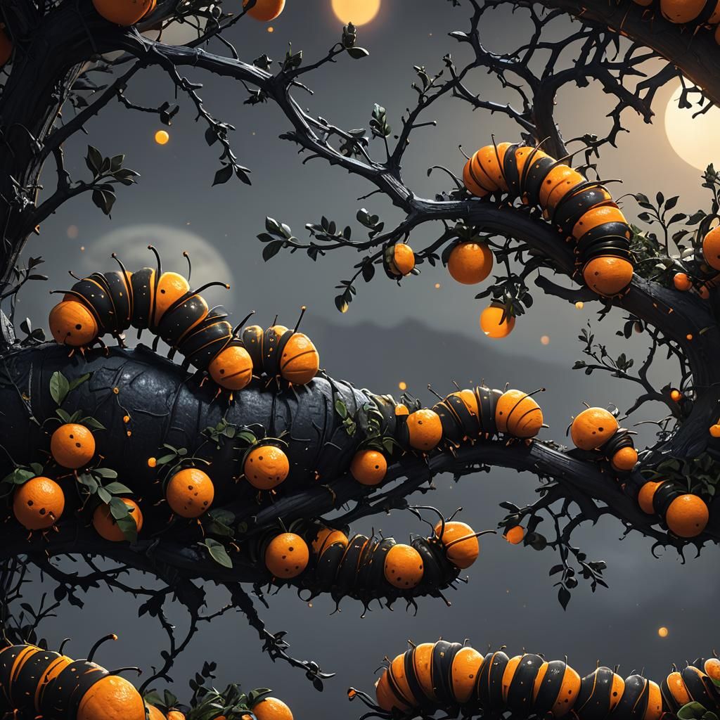 Caterpillar and Oranges in Moonlight: Detailed Matte Paintin...