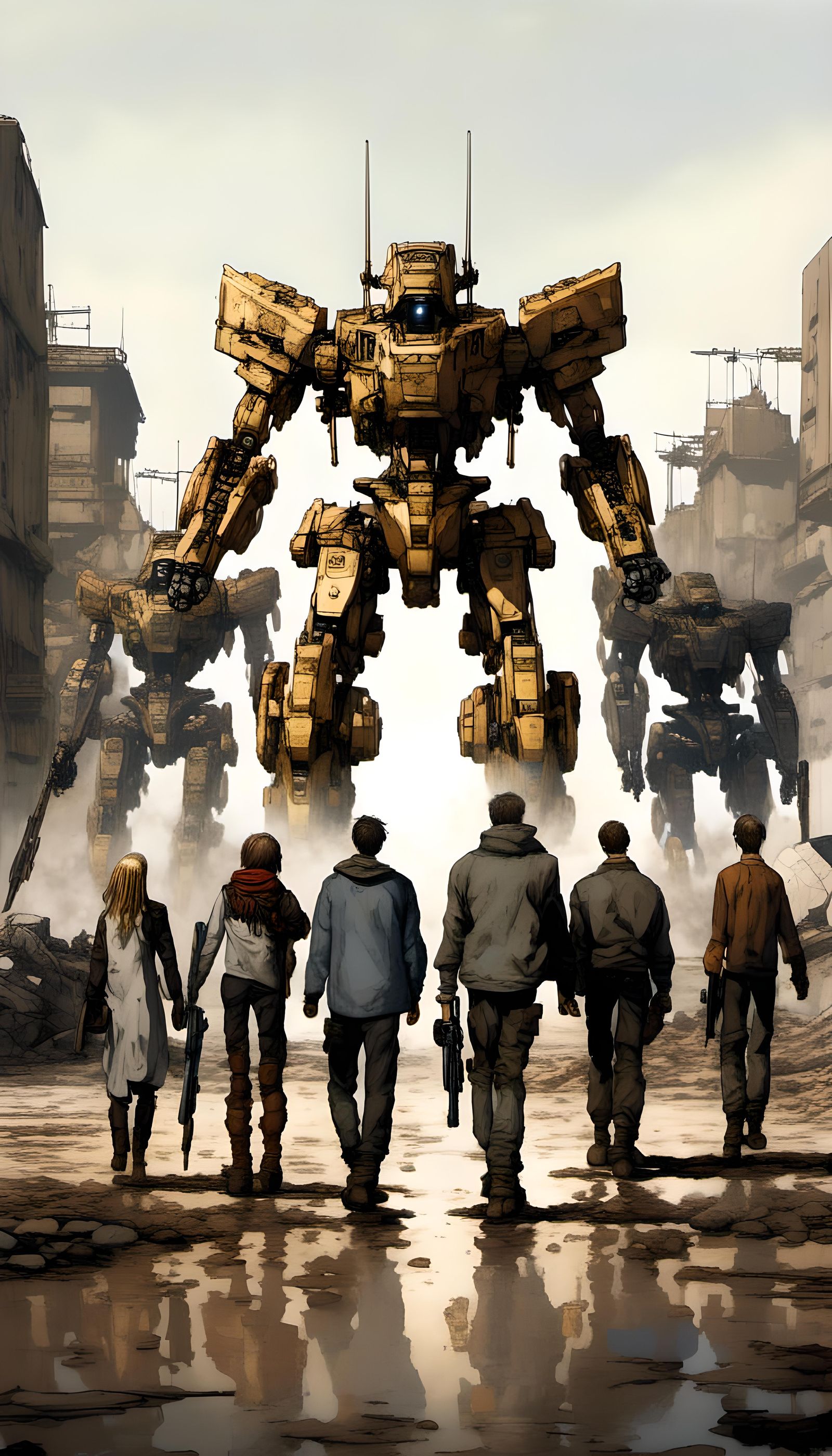 Golden Mechas Tower Over Wasteland Heroes