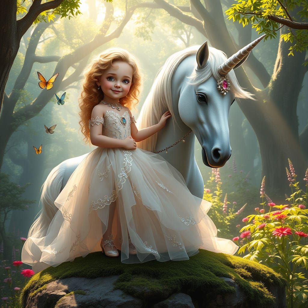 Majestic Princess and Unicorn in Whimsical Fantasy Forest