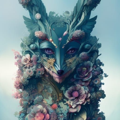 Clockwork Wolf with Flowers in Hyper-Detailed Artwork