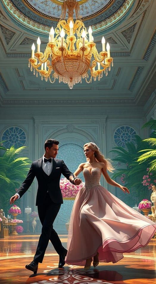 Romantic Ballroom Scene in Vibrant Fantasy Style
