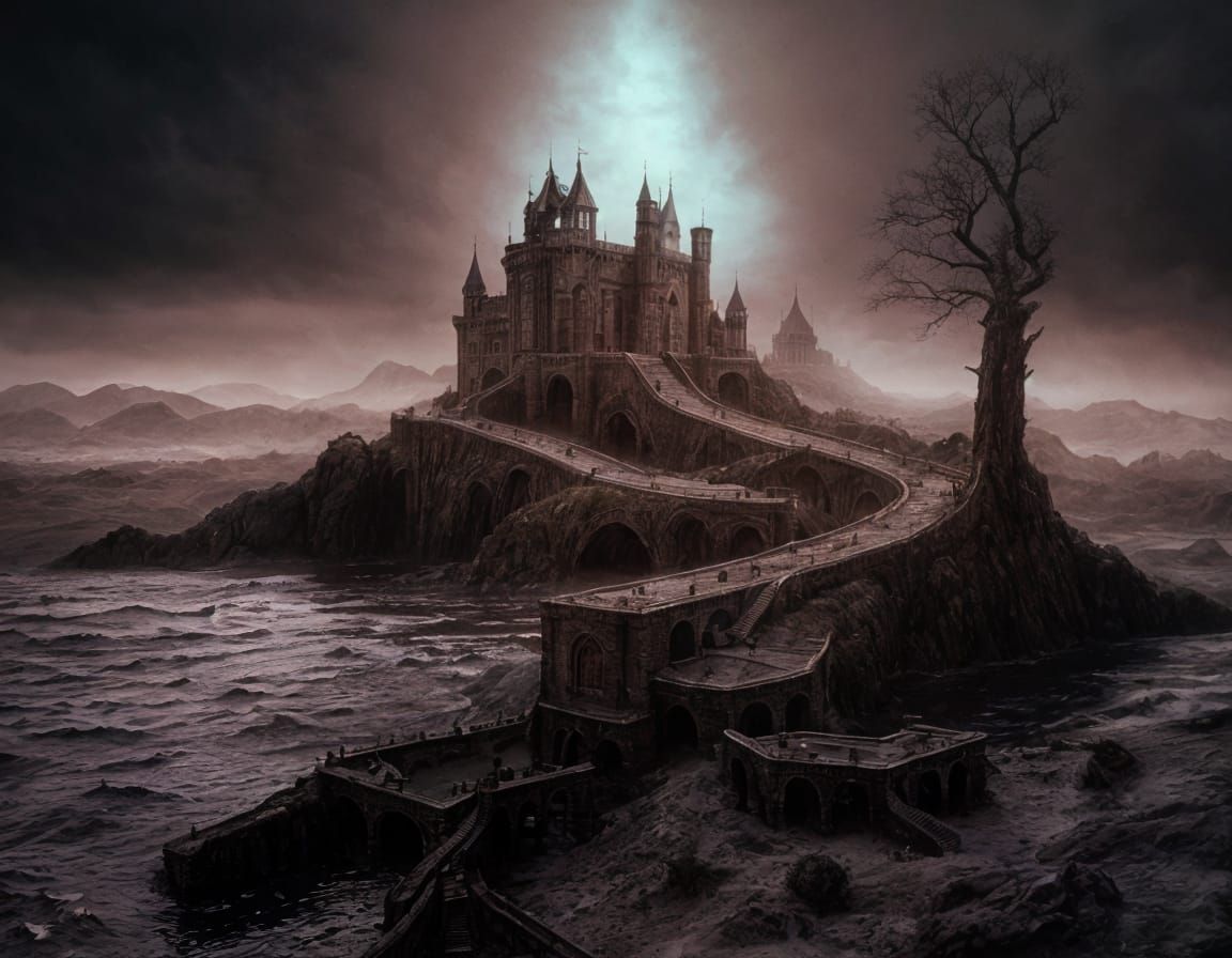 Surreal Castle with Drawbridges: A Dreamlike Landscape