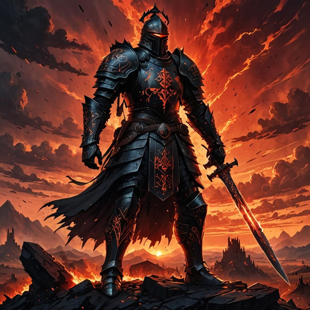 Obsidian Knight with Fiery Sword on Battlefield