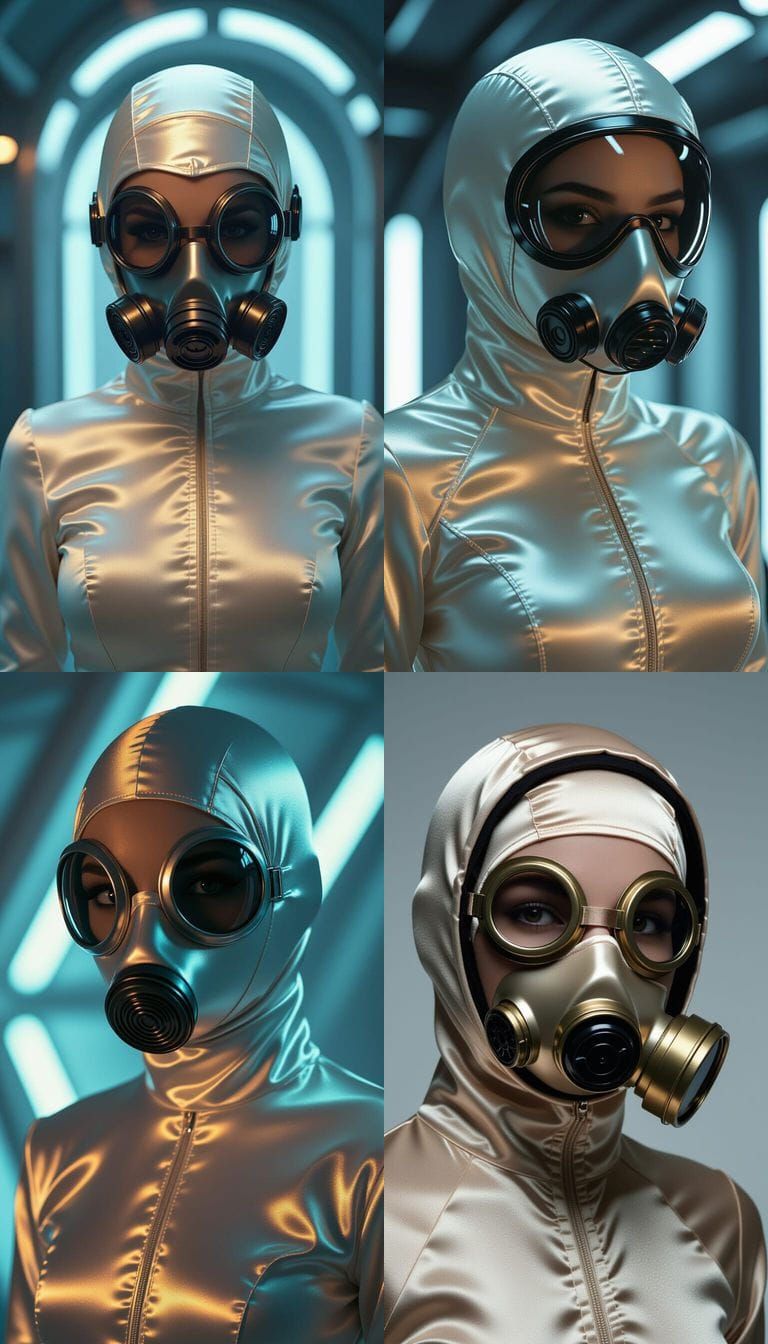 Actress in Seamless Satin Cocoon Spacesuit and Gasmask