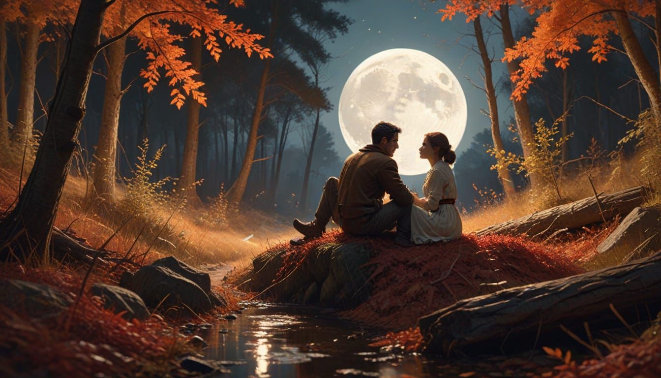 Romantic Couple Under Moonlight in Impressionistic Style