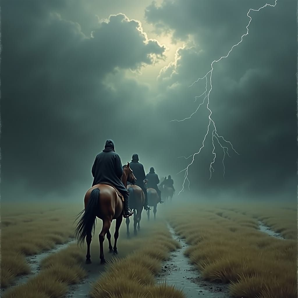 Horse Riders in Storm, Detailed Charcoal Drawing