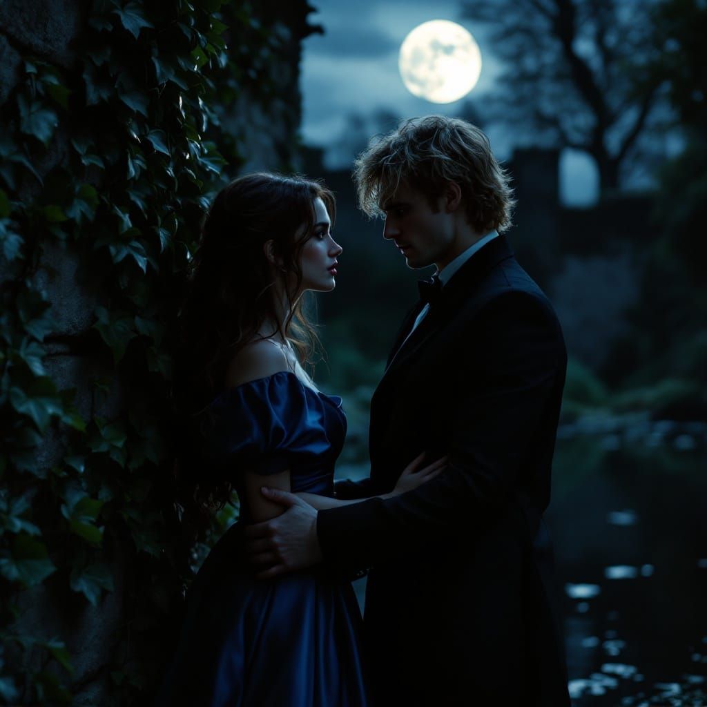Elegant Woman Confronts Brooding Man in Dark, Moonlit Castle