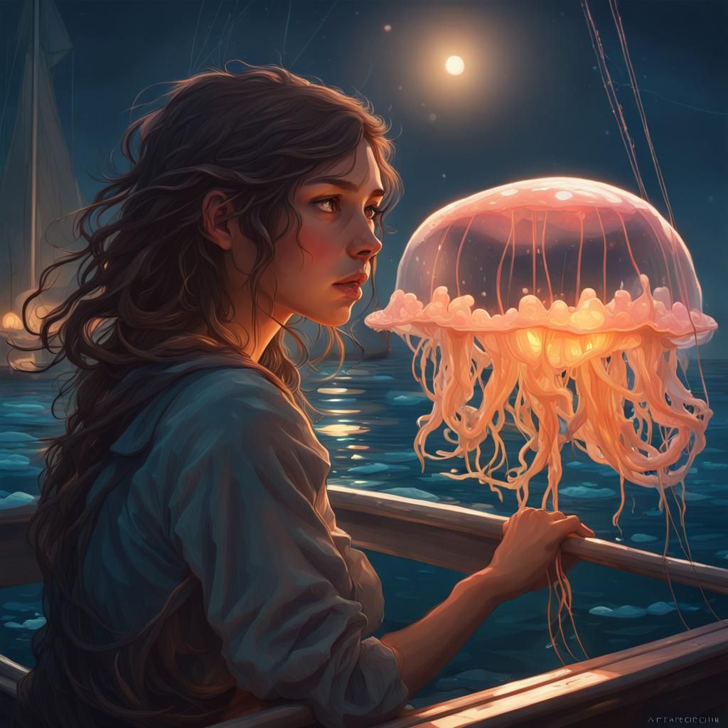 Girl and Bioluminescent Jellyfish in Art Nouveau Style
