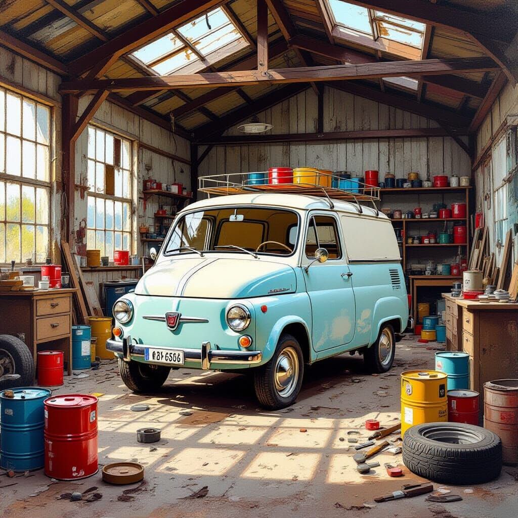 Abandoned Fiat 850 Camper Van in Workshop Oil Painting