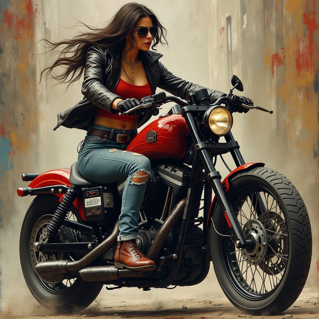 Rebellious Biker Woman on Custom Dyna Super Glide Sport