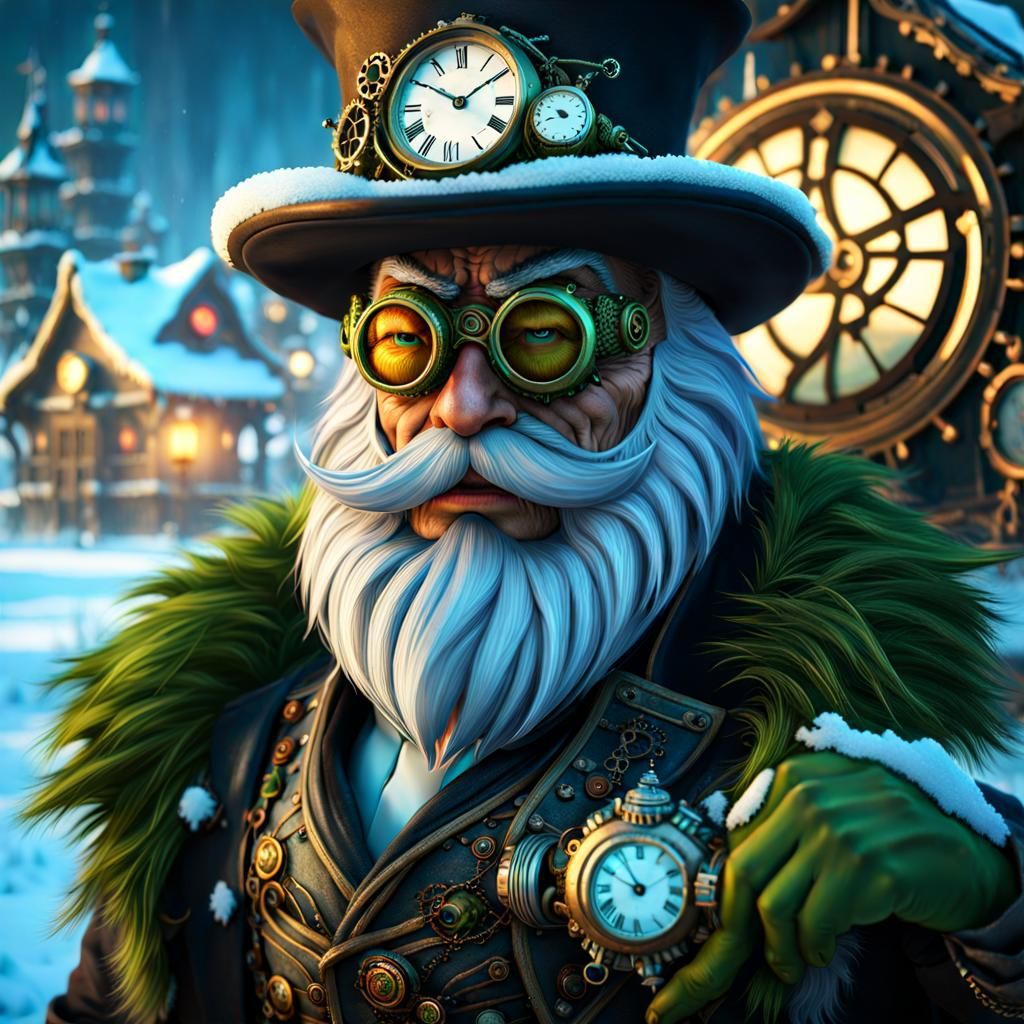 Steampunk Grinch in Winter Wonderland, Digital Art