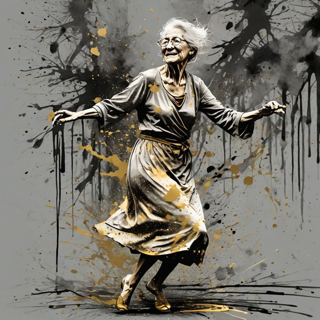 Abstract Ink Splatter Art: Dancing Old Woman
