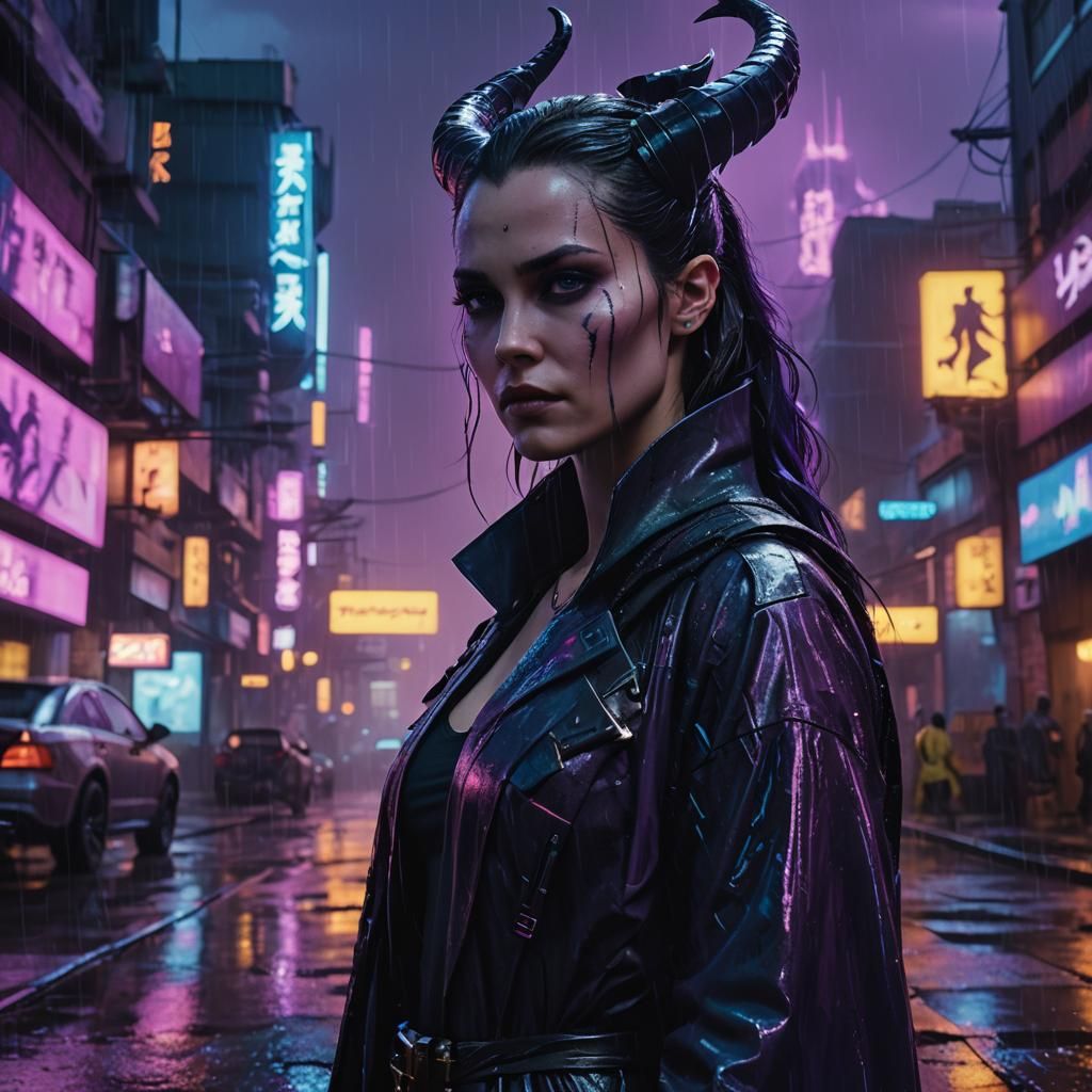 Maleficent in Cyberpunk 2099 Dystopian Cityscape