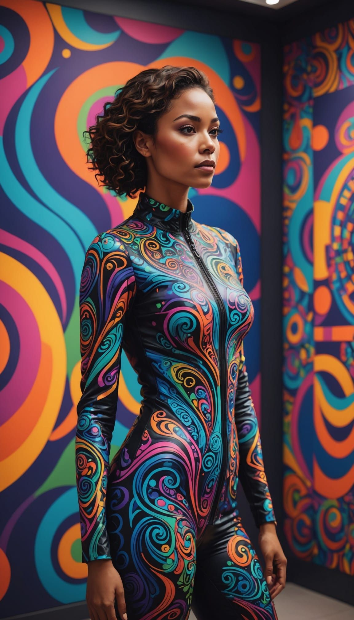 Neon Body Art in Minimalist Gallery, Photorealistic