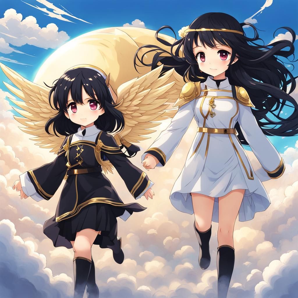 Anime Girls Walking in Clouds in Chibi Style