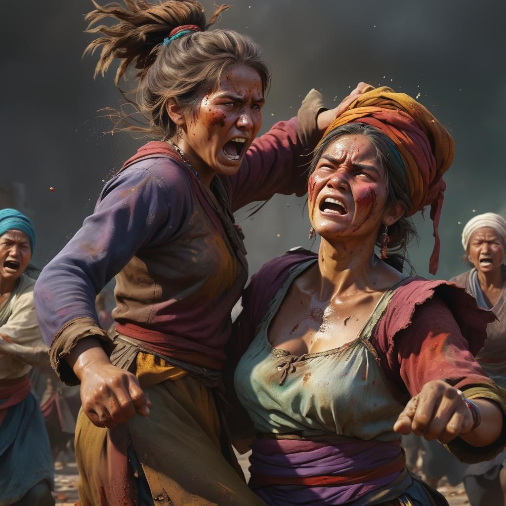 Hyperrealistic Beggar Women Brawl: Dramatic Color Depth