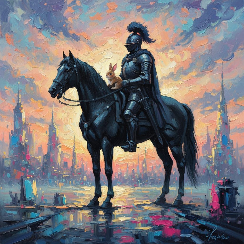 Knight on Horseback in Alien City Sunset