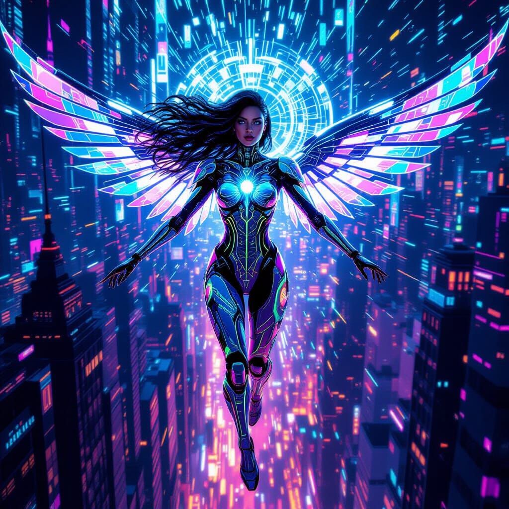 Cyborg Woman Flies Over Neon Cityscape