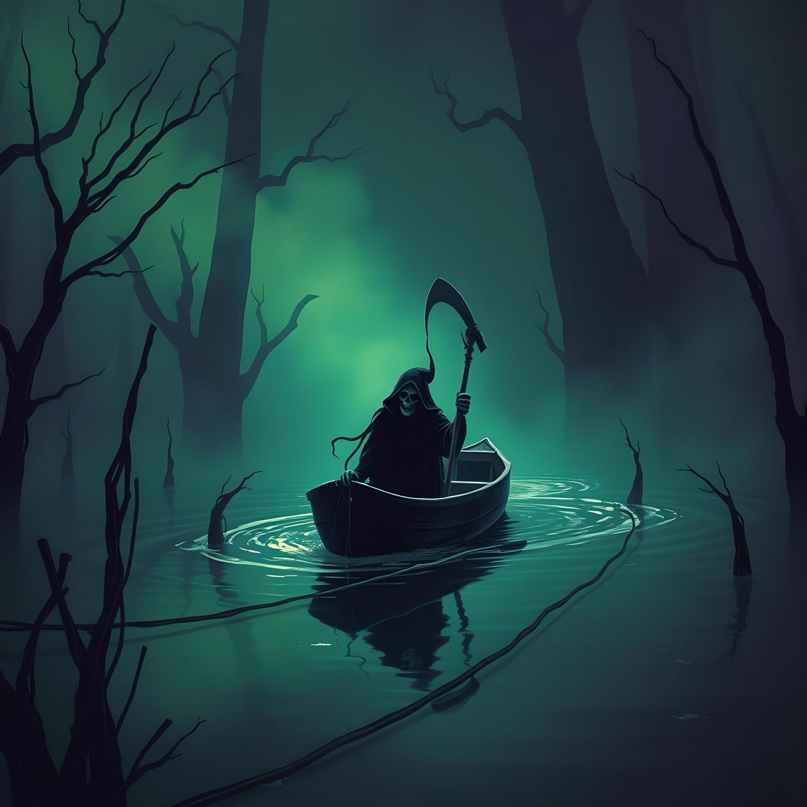 Grim Reaper's Journey on Dark Swampy River