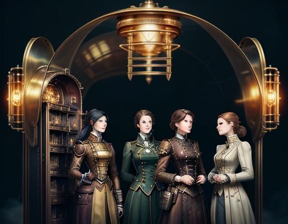 Steampunk Time Machine with Three Women
