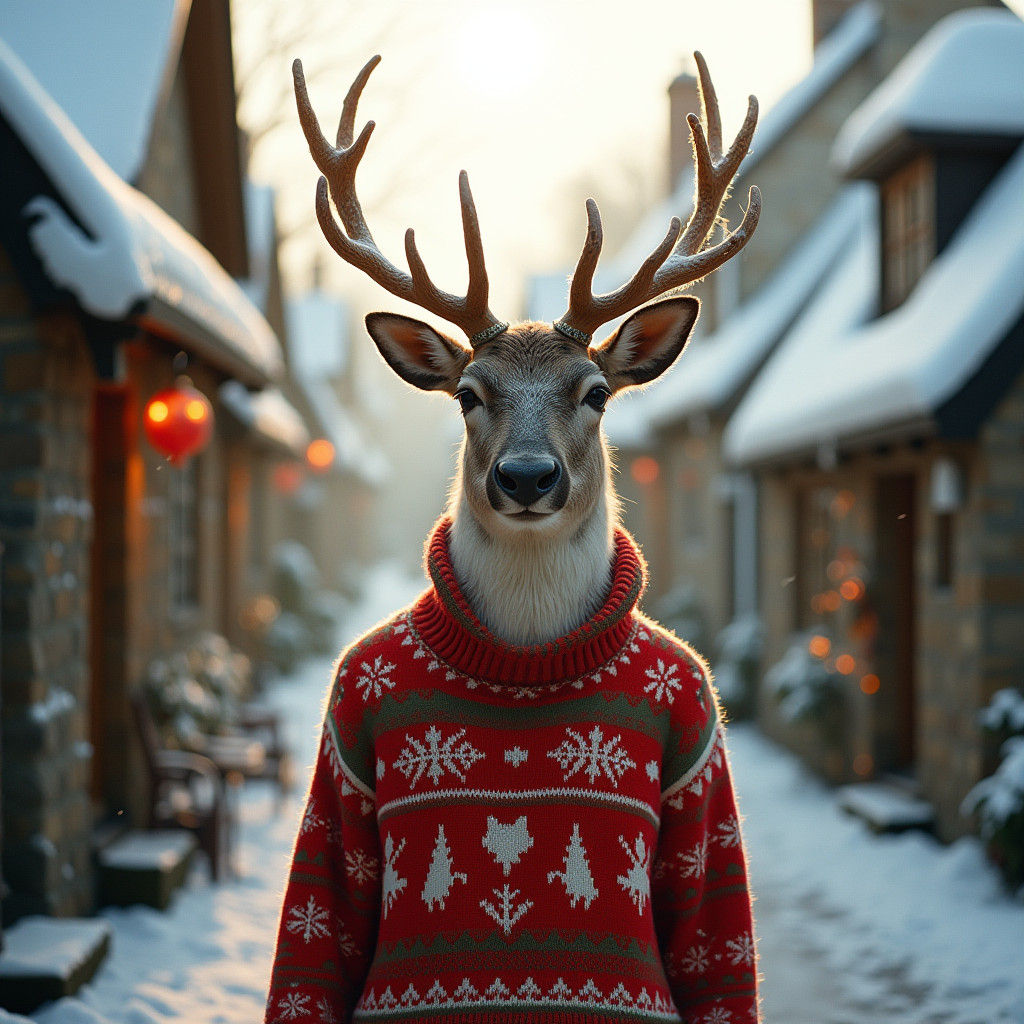 Festive Reindeer Portrait in a Snow-Covered Village