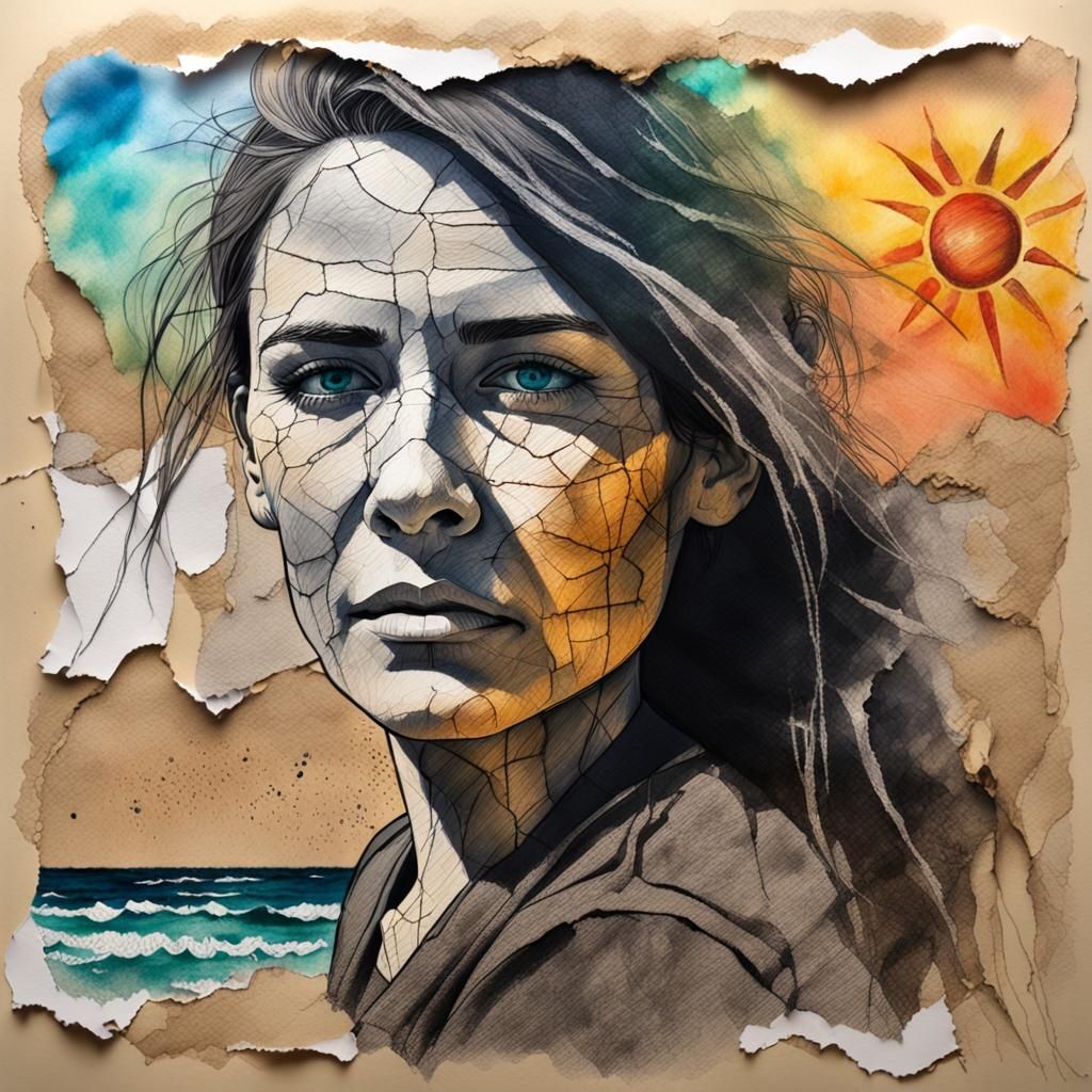 Striking Mixed Media Portrait with Fauve and Distressed Elem...