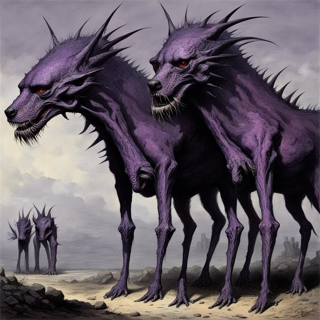 Four-Headed Purple Abomination in Gothic Horror Style