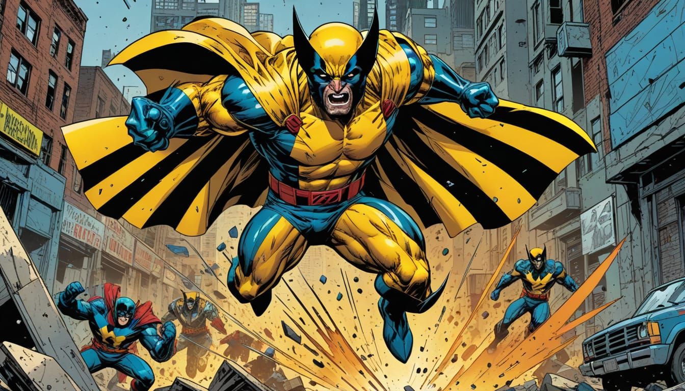 Wolverine Battles Through Urban Landscape in Striped Cape
