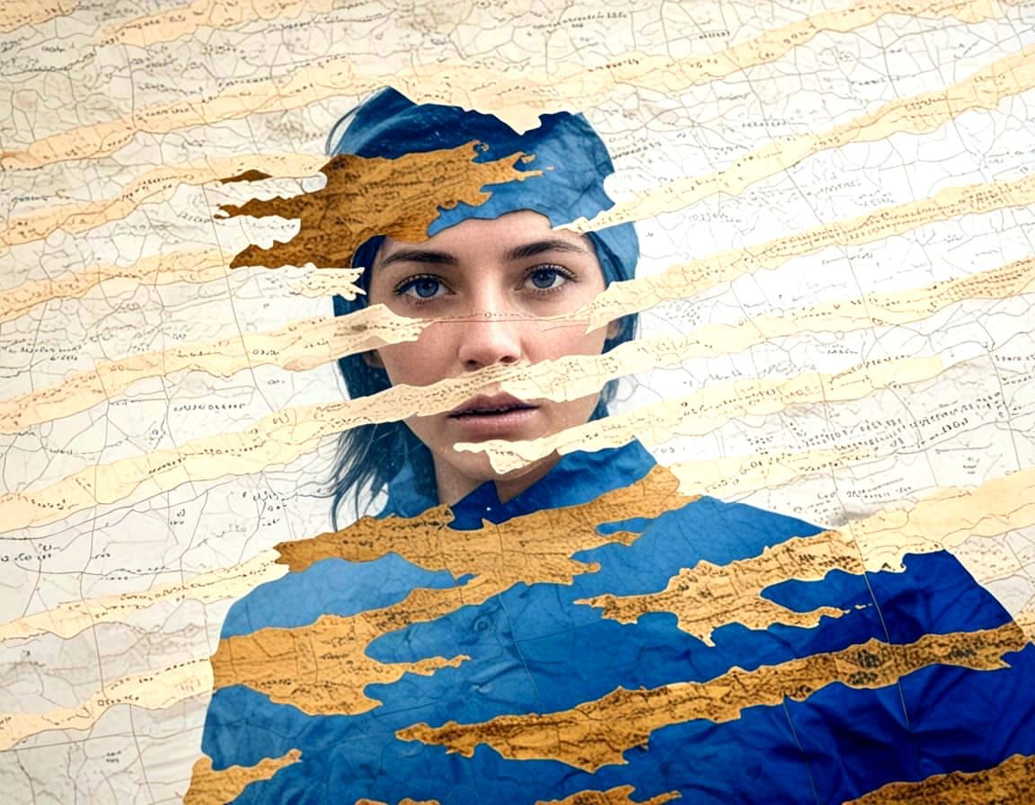 Surreal Portrait of a Woman in a Storm of Maps