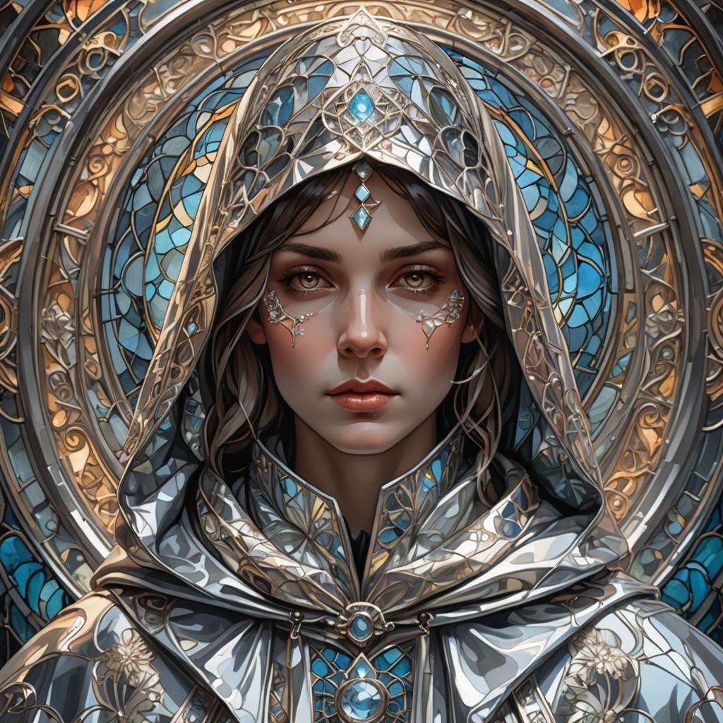 Ethereal Silver Reflection Portrait in Art Nouveau Style