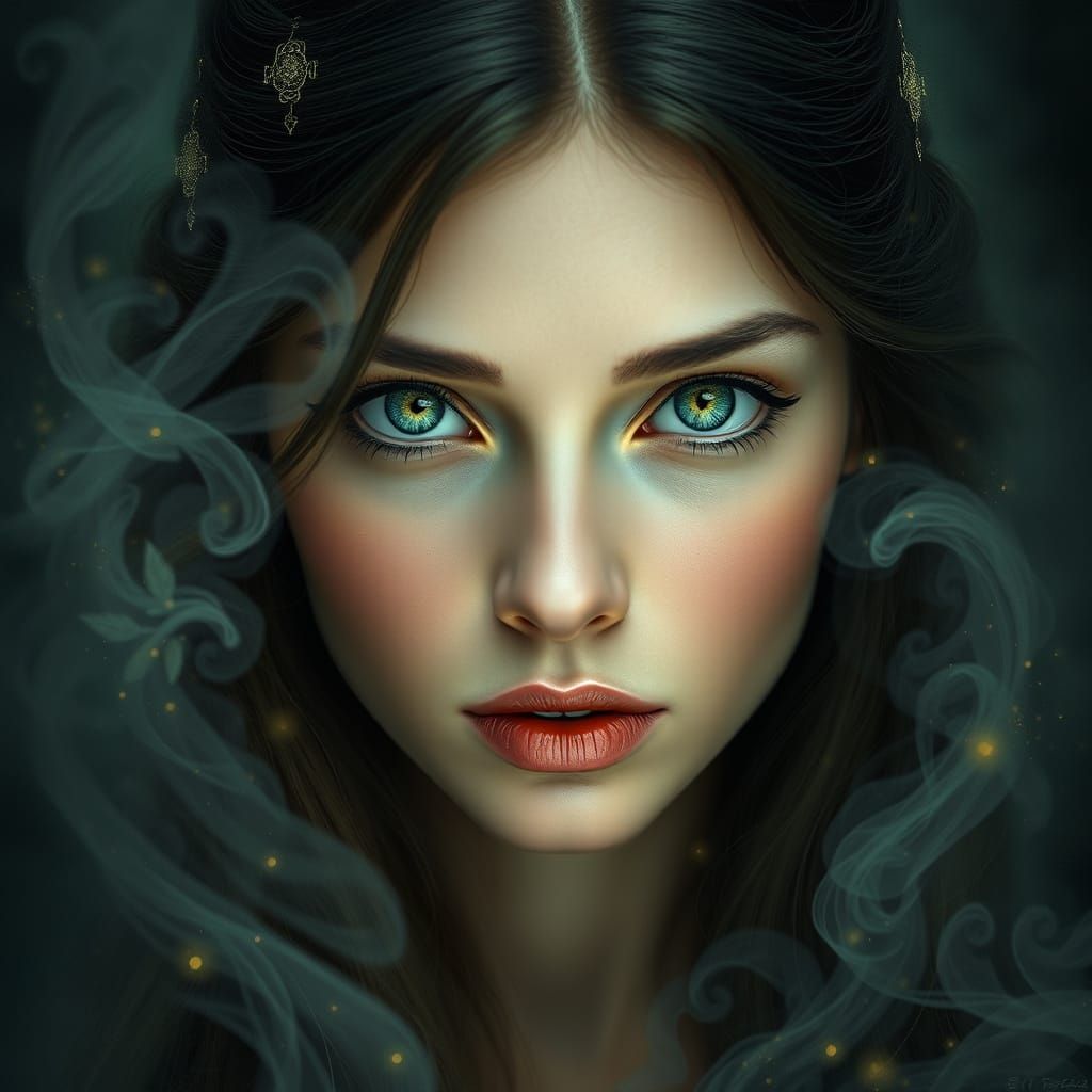 Mystical Green-Eyed Enchantress in Whimsical Dreamscape